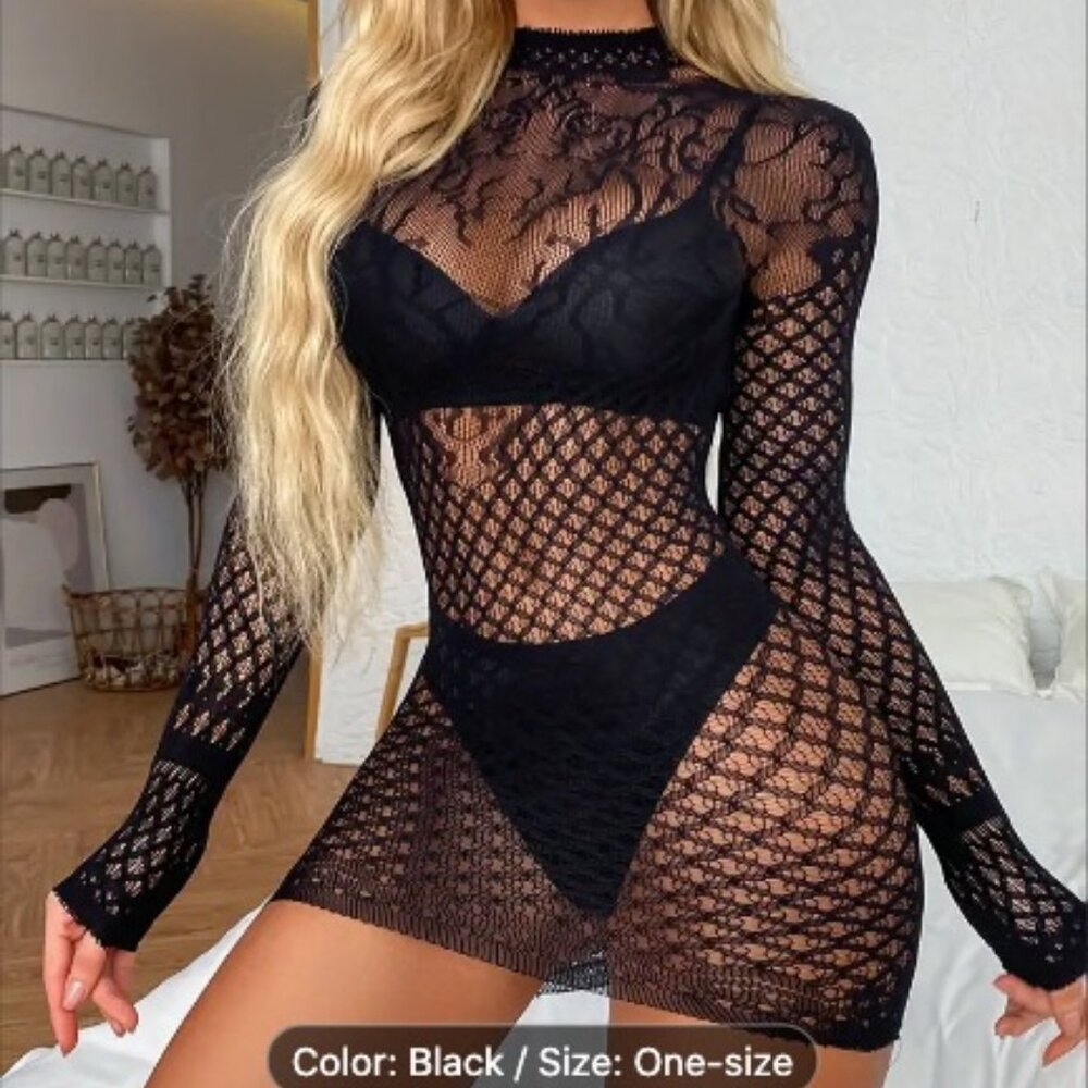 Women's One Size Black Sexy Hollow Out, Cover Up, Open Back, Bodycon Mini Dress